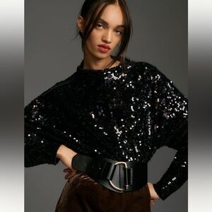 Anthropologie Alani Cashmere Mock Neck Sweater Sequin Edition Black Sz XL NWT